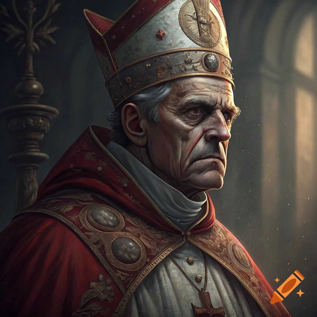 Close-up portrait of a stern man in a pope's mitre and red cope