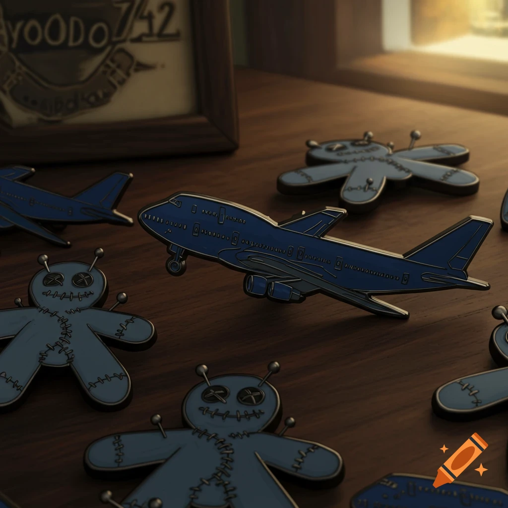 Blue enamel pins shaped like Boeing 747 airplanes and voodoo dolls are on a wooden surface.