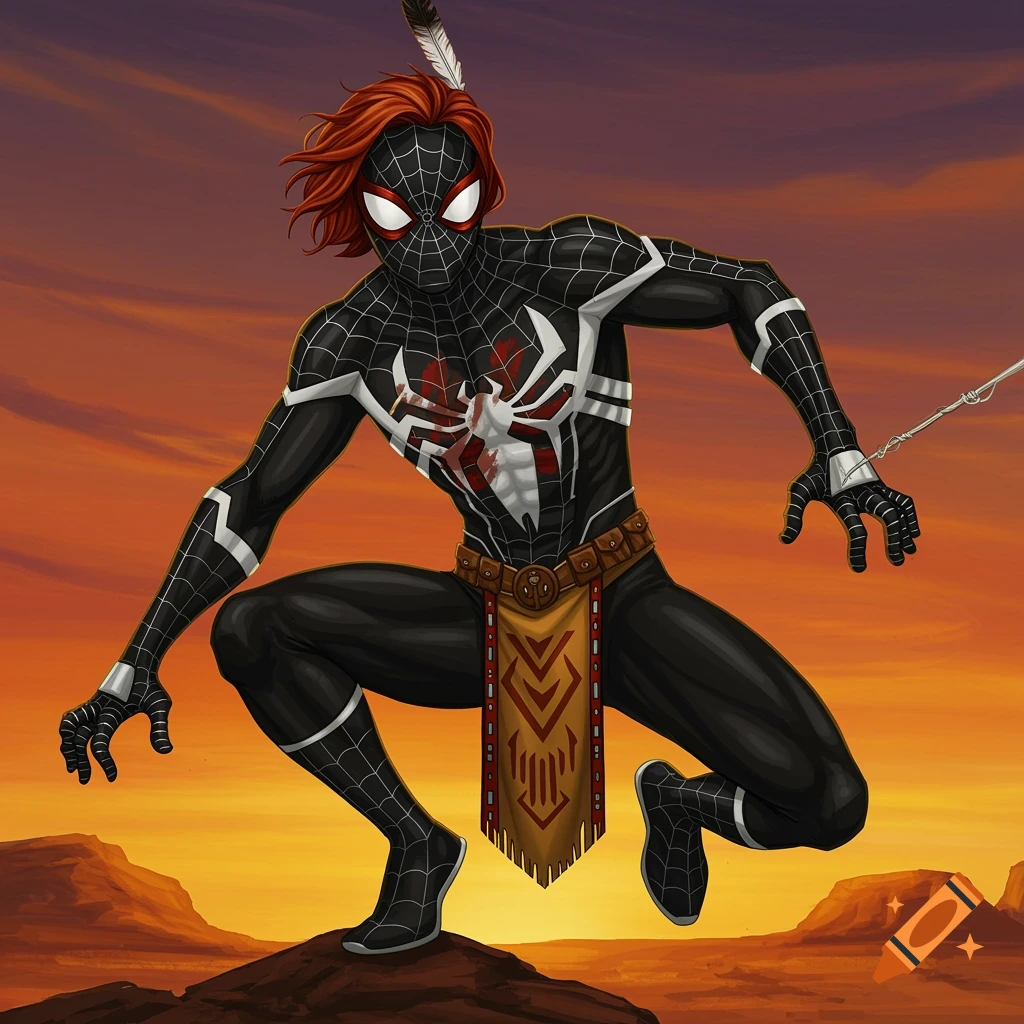 Spider-Man variant in a black suit with white tribal patterns, red hair, feather, and traditional cloth, posing in a desert sunset.