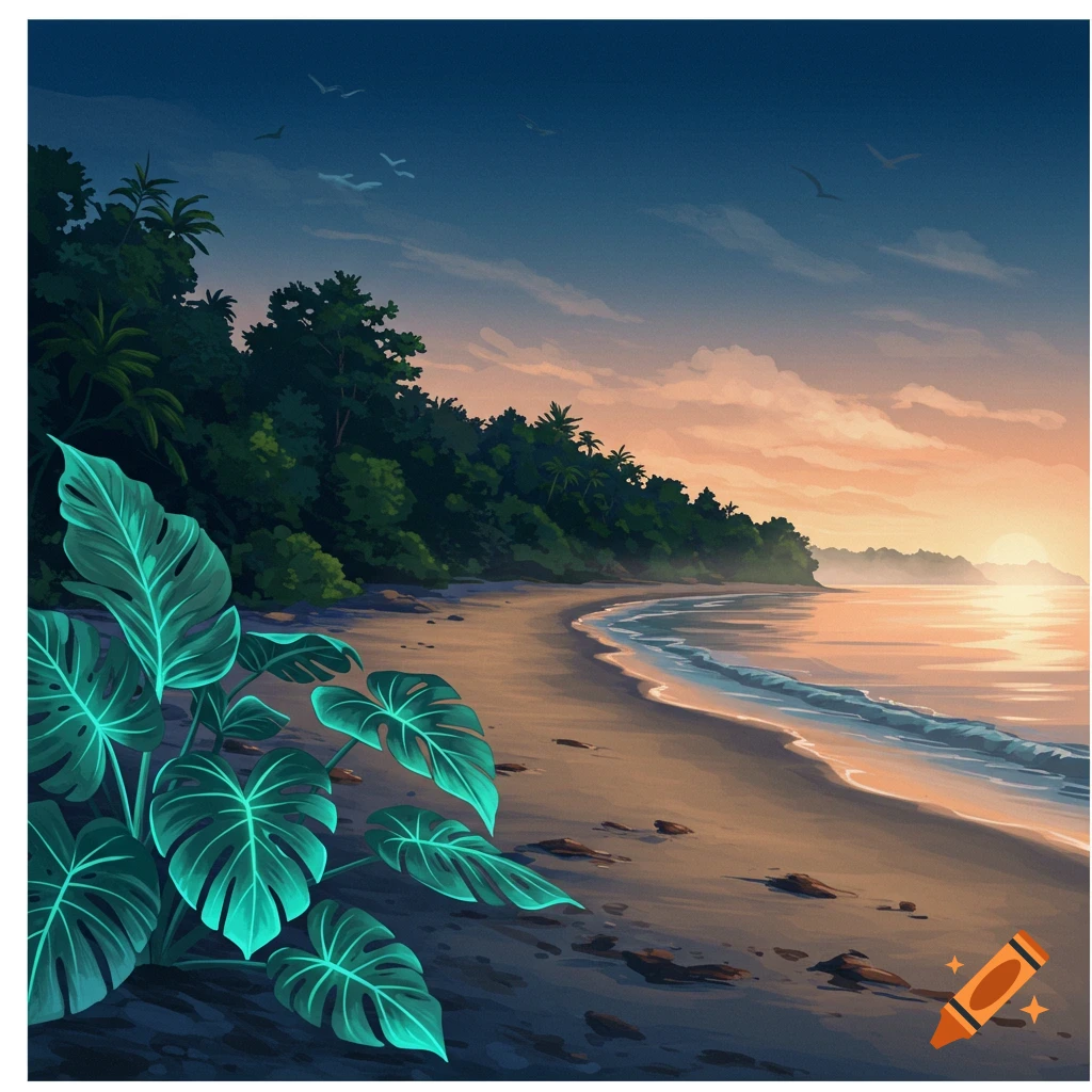 A beach at sunset with glowing leaves, a forest behind it, and the sun setting over the ocean.