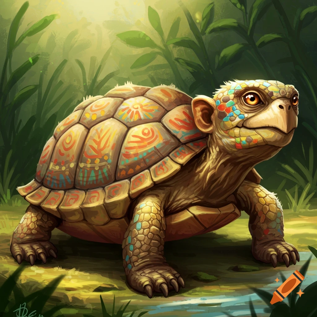 A monkey-turtle creature in a forest.