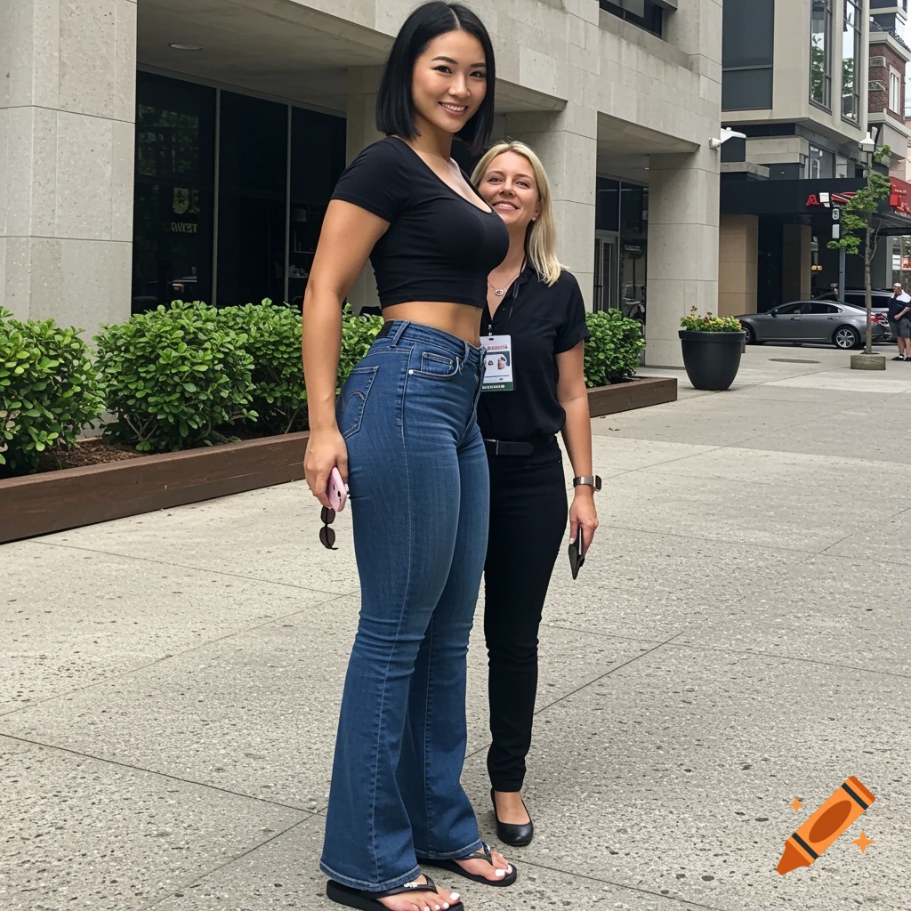 Tall woman in crop top and flared jeans stands next to shorter woman in professional attire on a sidewalk.