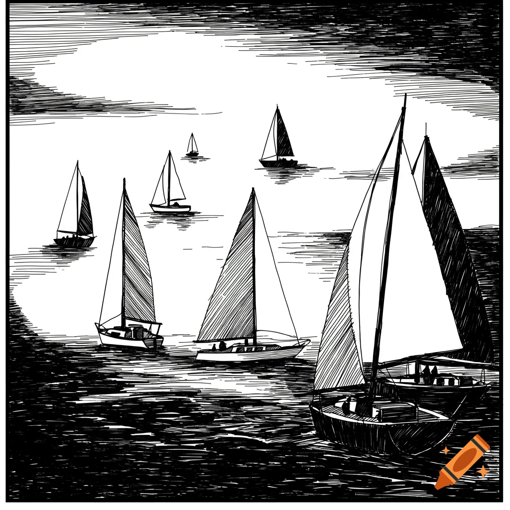 Abstract black and white drawing of sailboats on the water.