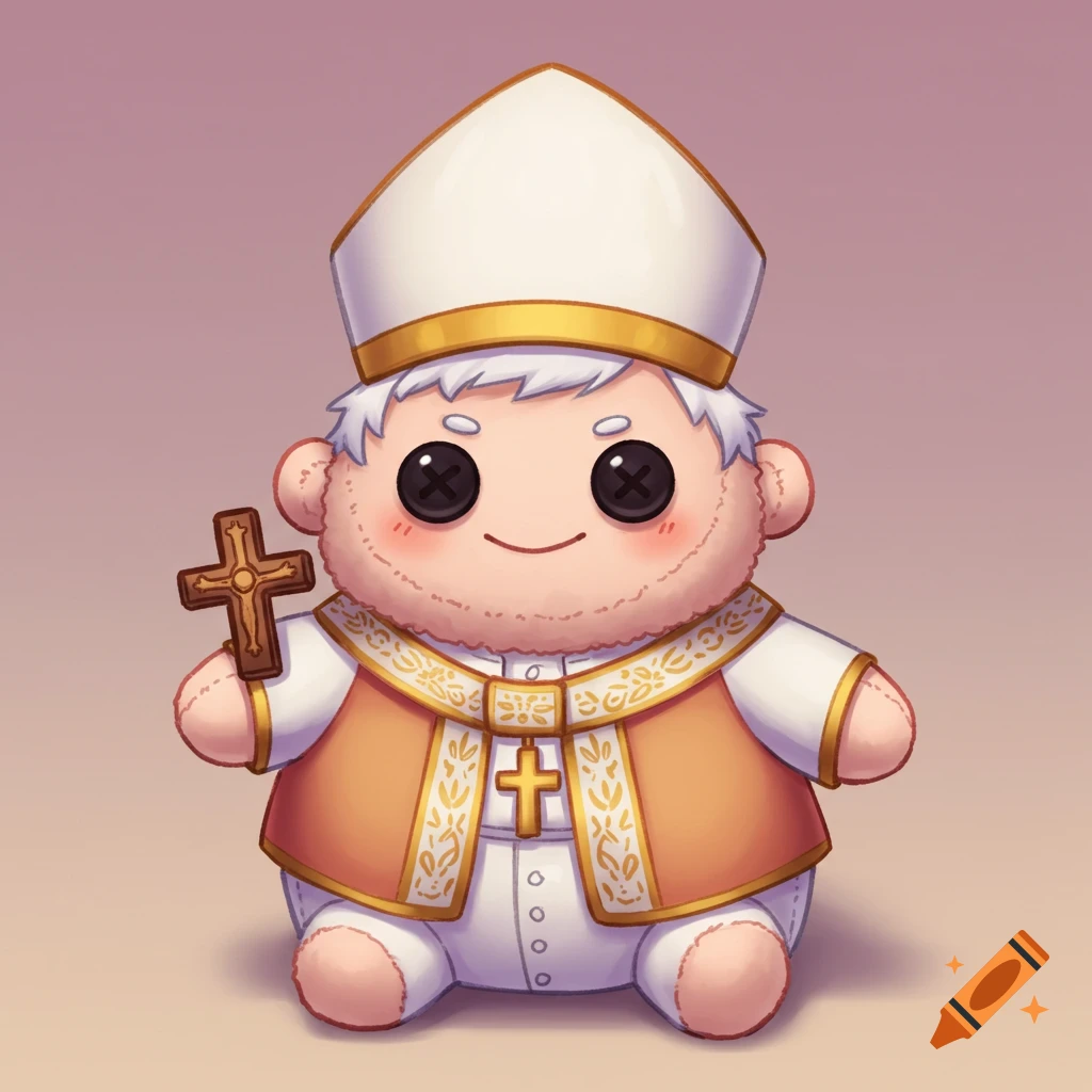 A cute cartoon plushie figure dressed as a Pope holding a cross.