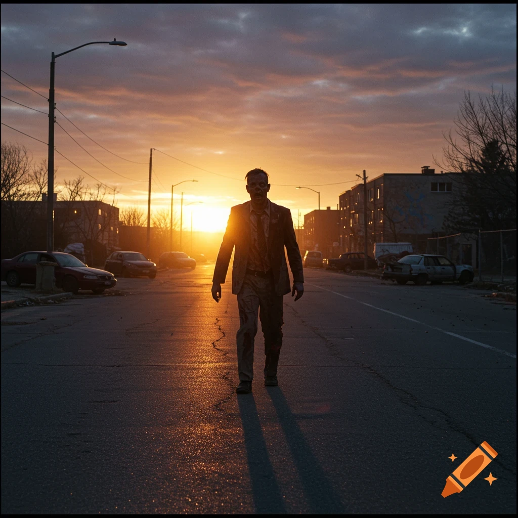 Photorealistic image of a zombie in a suit walking down a street at sunset.