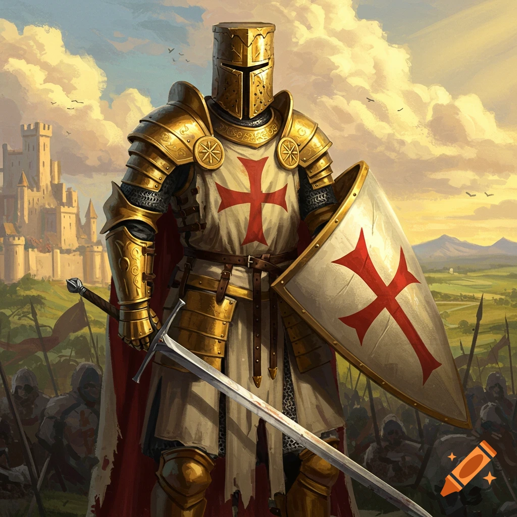 A knight in golden armor with a shield and sword stands before a castle and army.