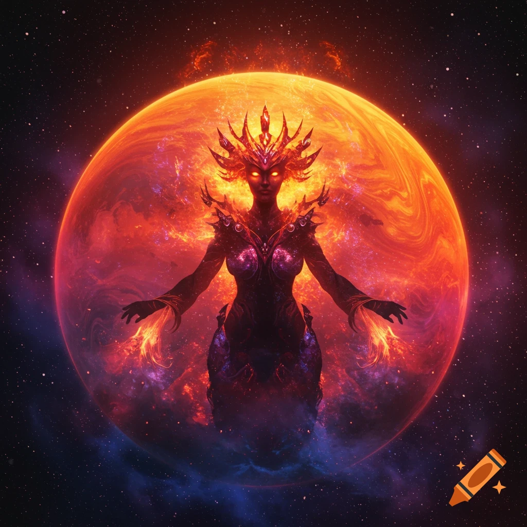 A fire queen with fiery hands in front of a large galactic space planet.