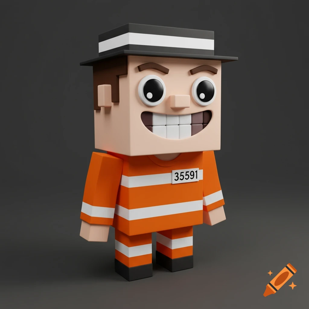 3D cartoon character in orange and white striped prison uniform and hat