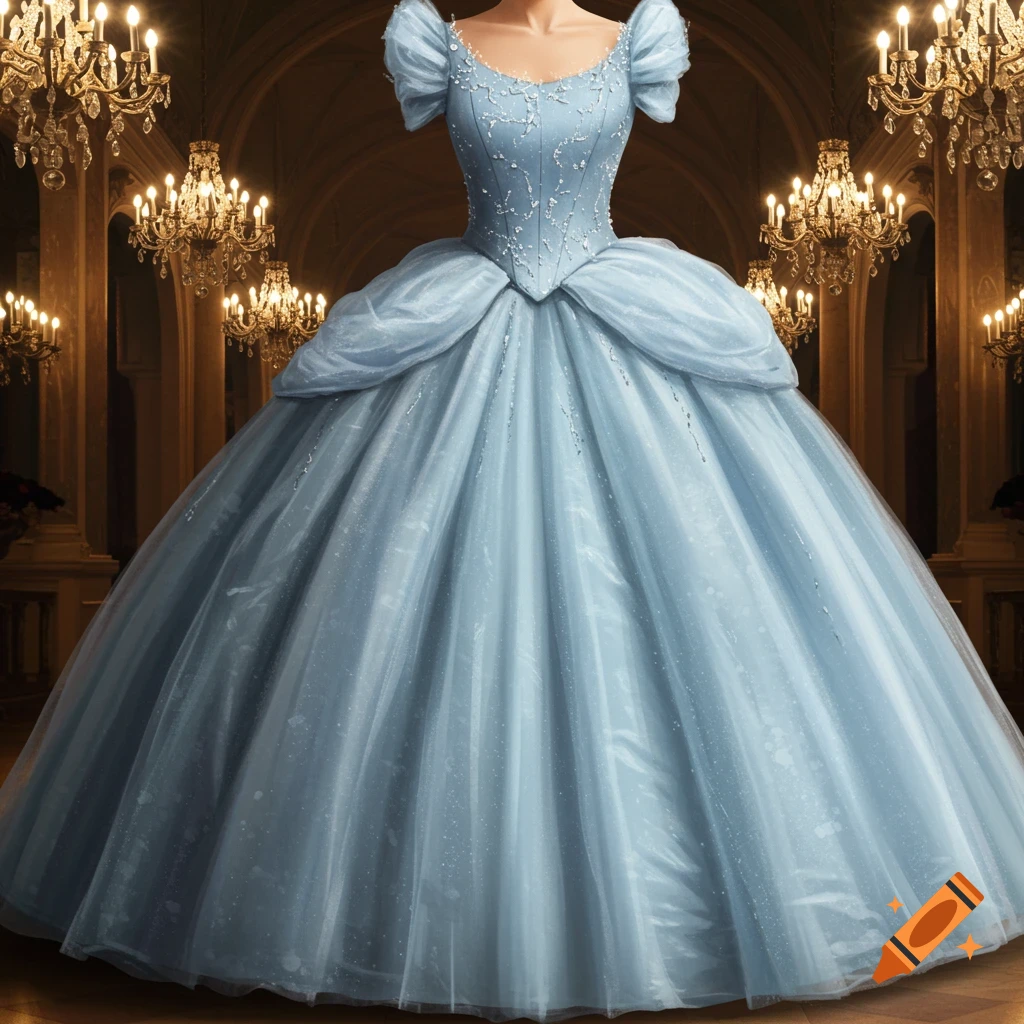 A detailed blue ballgown displayed in a grand ballroom with chandeliers.