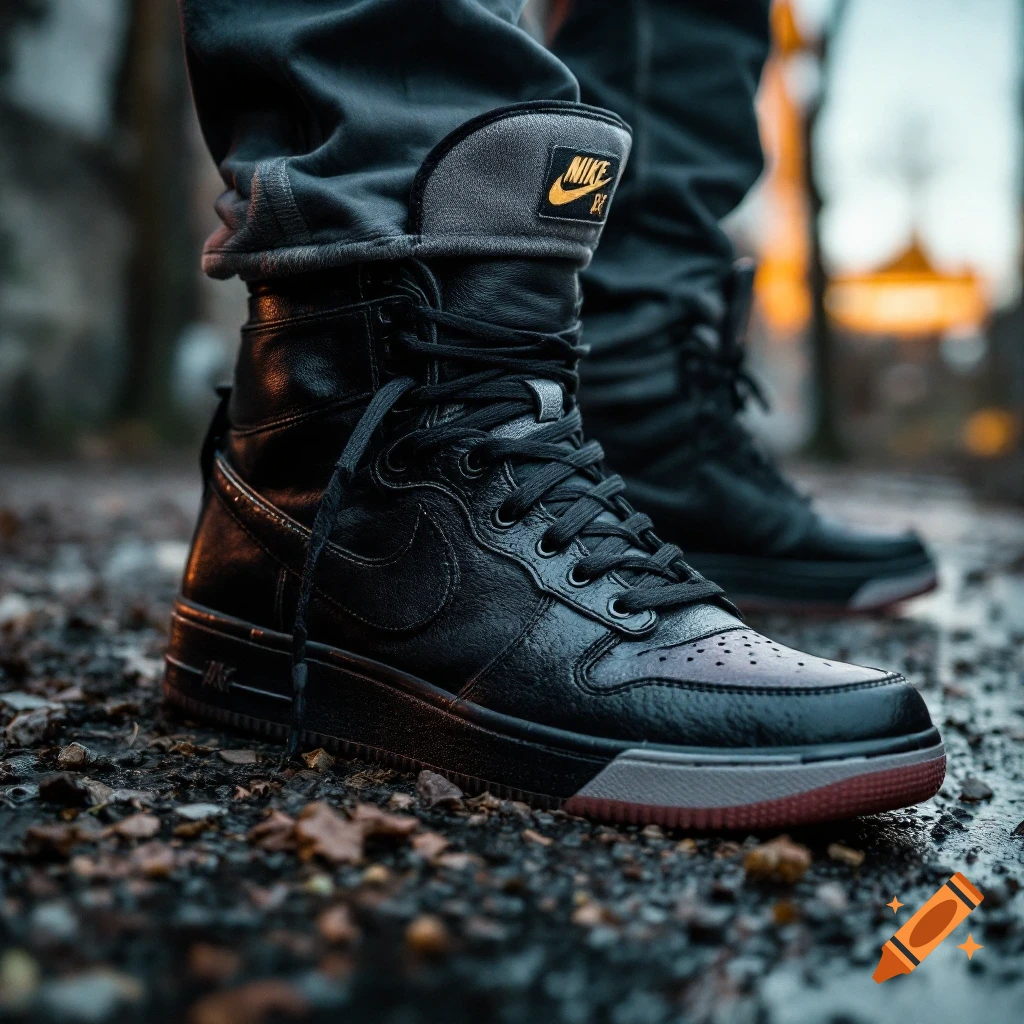 Close-up of black high-top shoes with a Nike logo on the tongue, standing on a wet, gravelly surface.