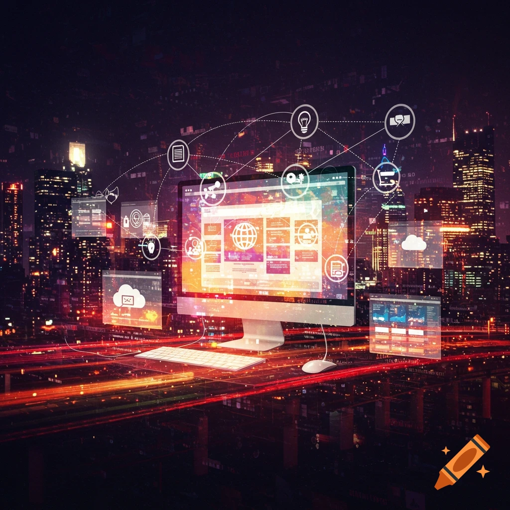 A computer is displaying business icons and network connections over a dark city skyline.