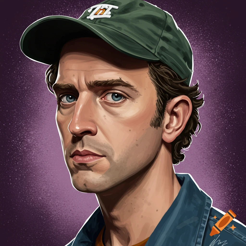 A man in a green cap and blue jacket against a purple background.