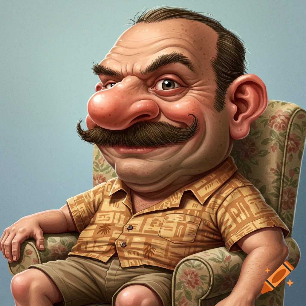 Caricature of a man with a large nose and mustache sitting in a floral armchair.