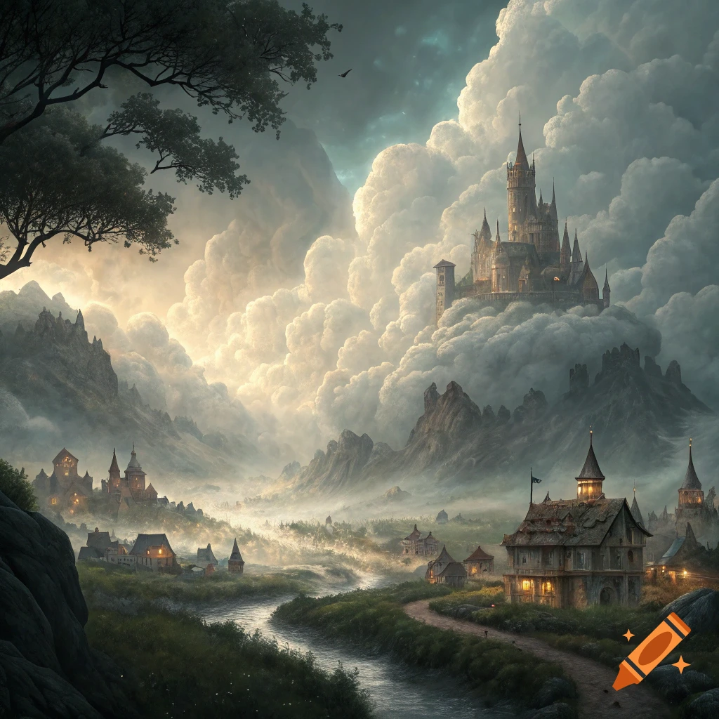 Fantasy castle in clouds above valley village with river and mountains.