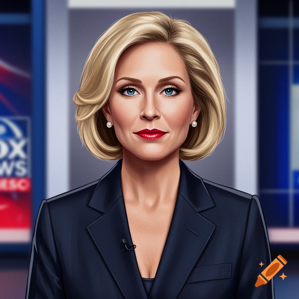 A female news anchor with a blonde bob, red lipstick, and dark suit is in a studio.