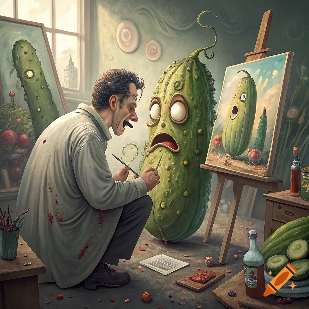 A man paints a large, anthropomorphic cucumber in a surreal art studio.