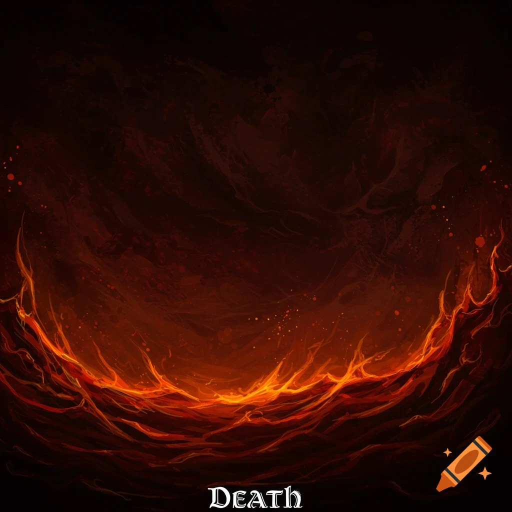 A dark, fiery landscape with glowing lava waves and the word 'Death'.