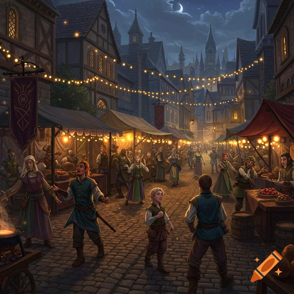 A busy fantasy town market at night, with stalls, people, and string lights overhead.