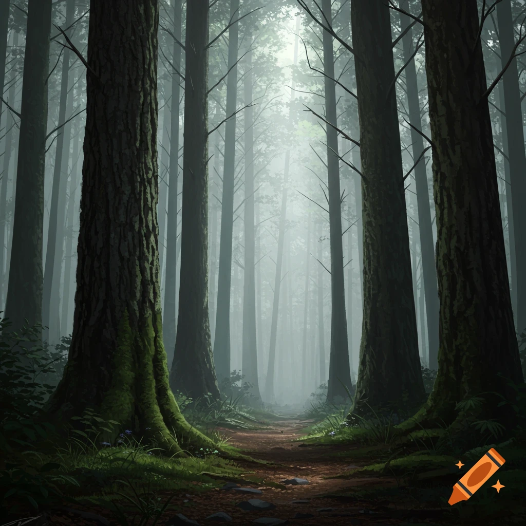A foggy forest path with sunlight streaming through tall trees.