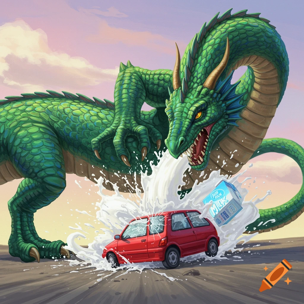A giant green dragon destroying a red car with milk