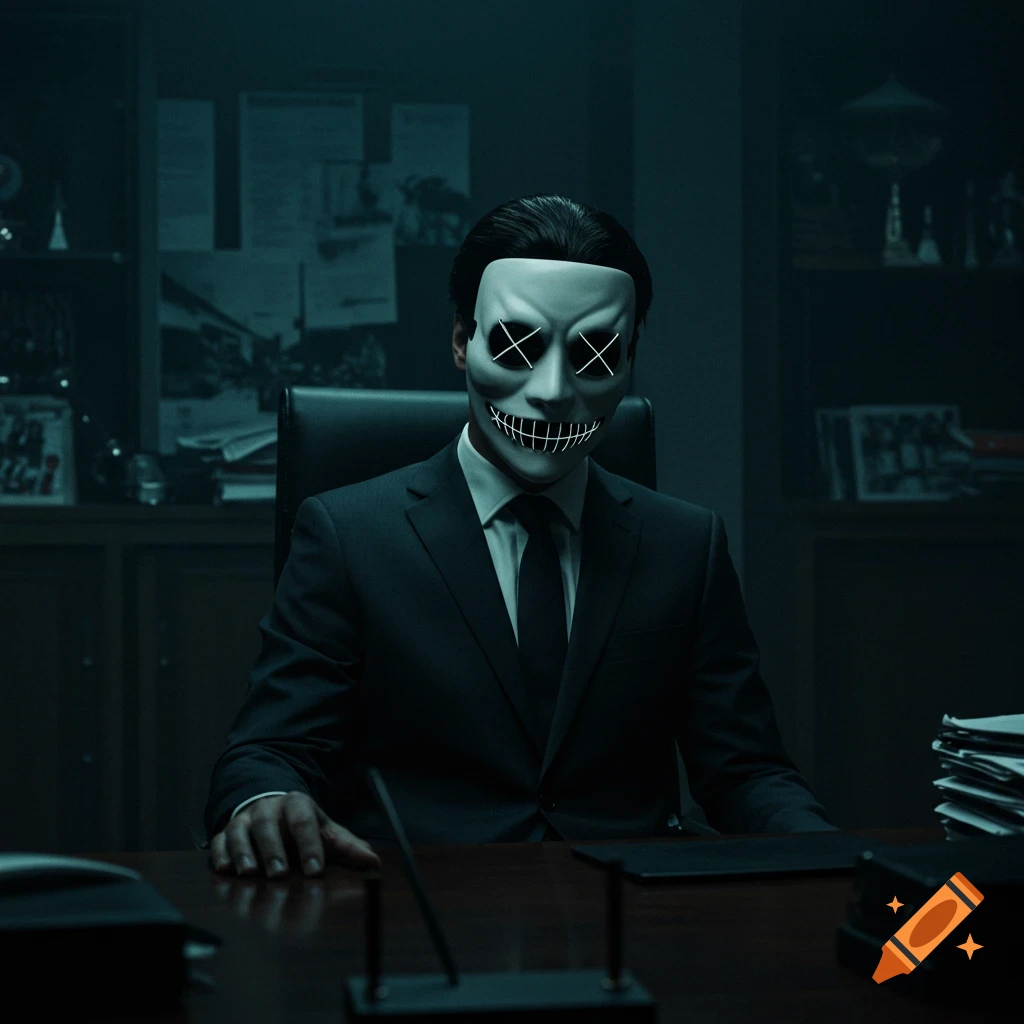A man in a dark suit and white mask with X eyes and stitched mouth sits at a desk. Dark, stylized image.