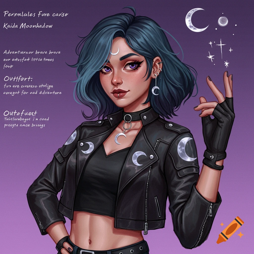 A woman with blue hair and purple eyes, wearing a black leather jacket with moon symbols, giving a peace sign.
