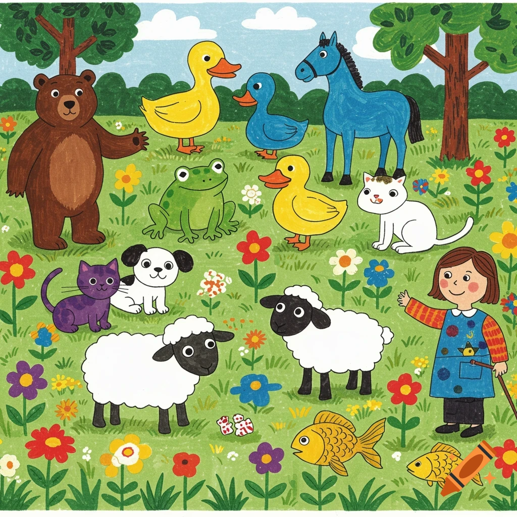 Children's illustration in Eric Carle style showing a bear, ducks, horse, frog, cats, dog, sheep, fish, and a teacher in a meadow.