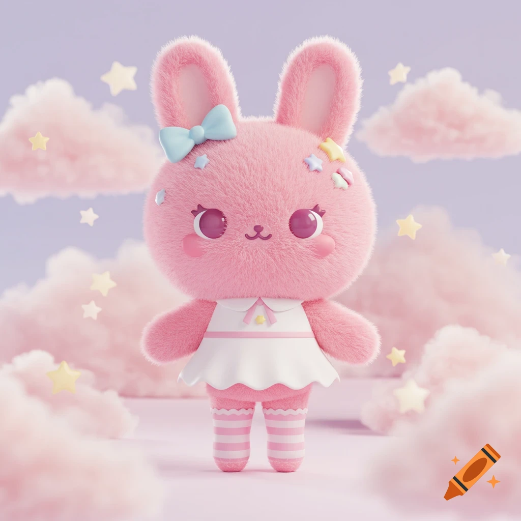 A pink fluffy bunny character in a white dress standing among pink clouds and yellow stars.