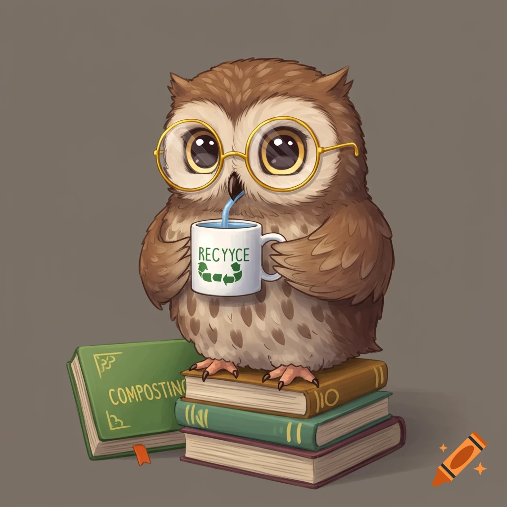 Cute cartoon owl with glasses sitting on books, drinking from a mug with a recycling symbol.