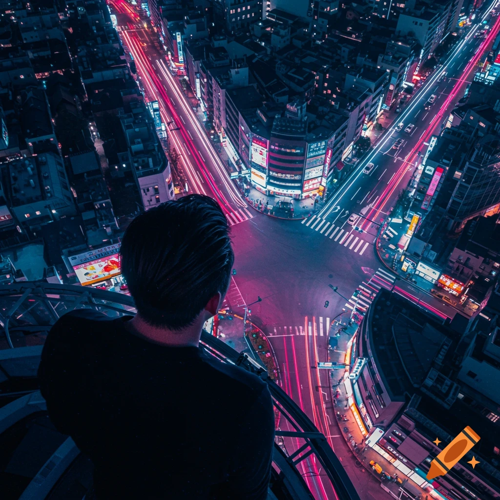 A person looks down from a tall building at a neon-lit Tokyo street intersection at night with car light trails.