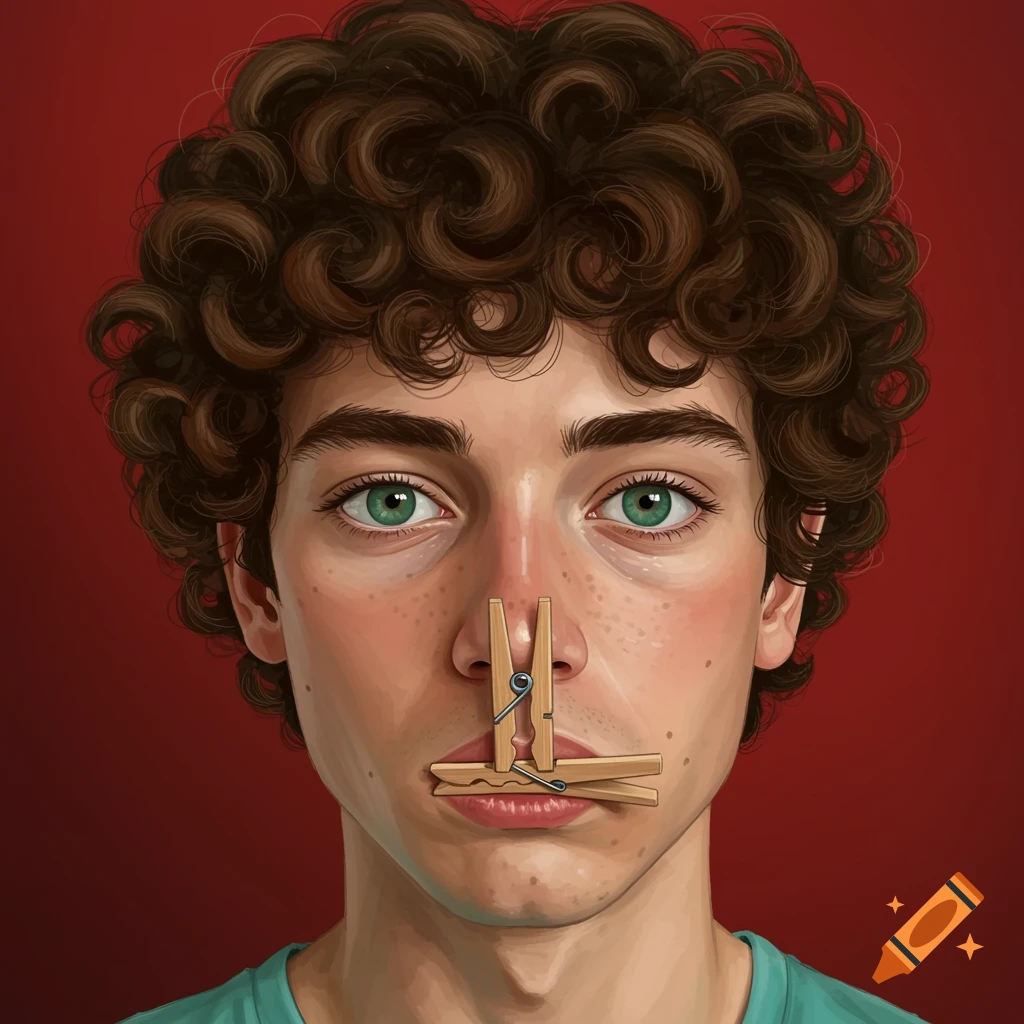 Portrait of a young man with clothespins on his nose and mouth