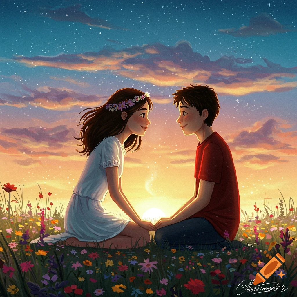 A young couple holding hands in a field of flowers at sunset.