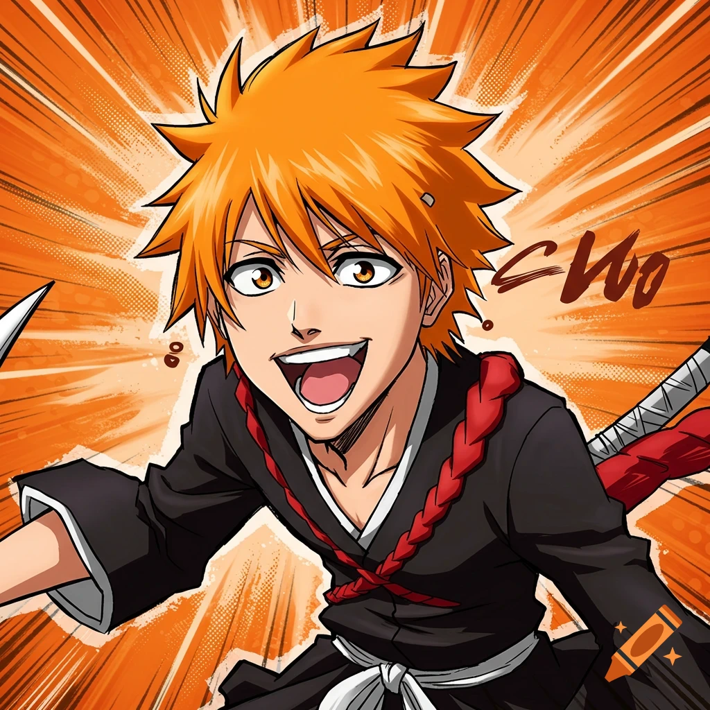 An excited anime character with orange hair (Ichigo from Bleach) in a black robe, holding a sword.