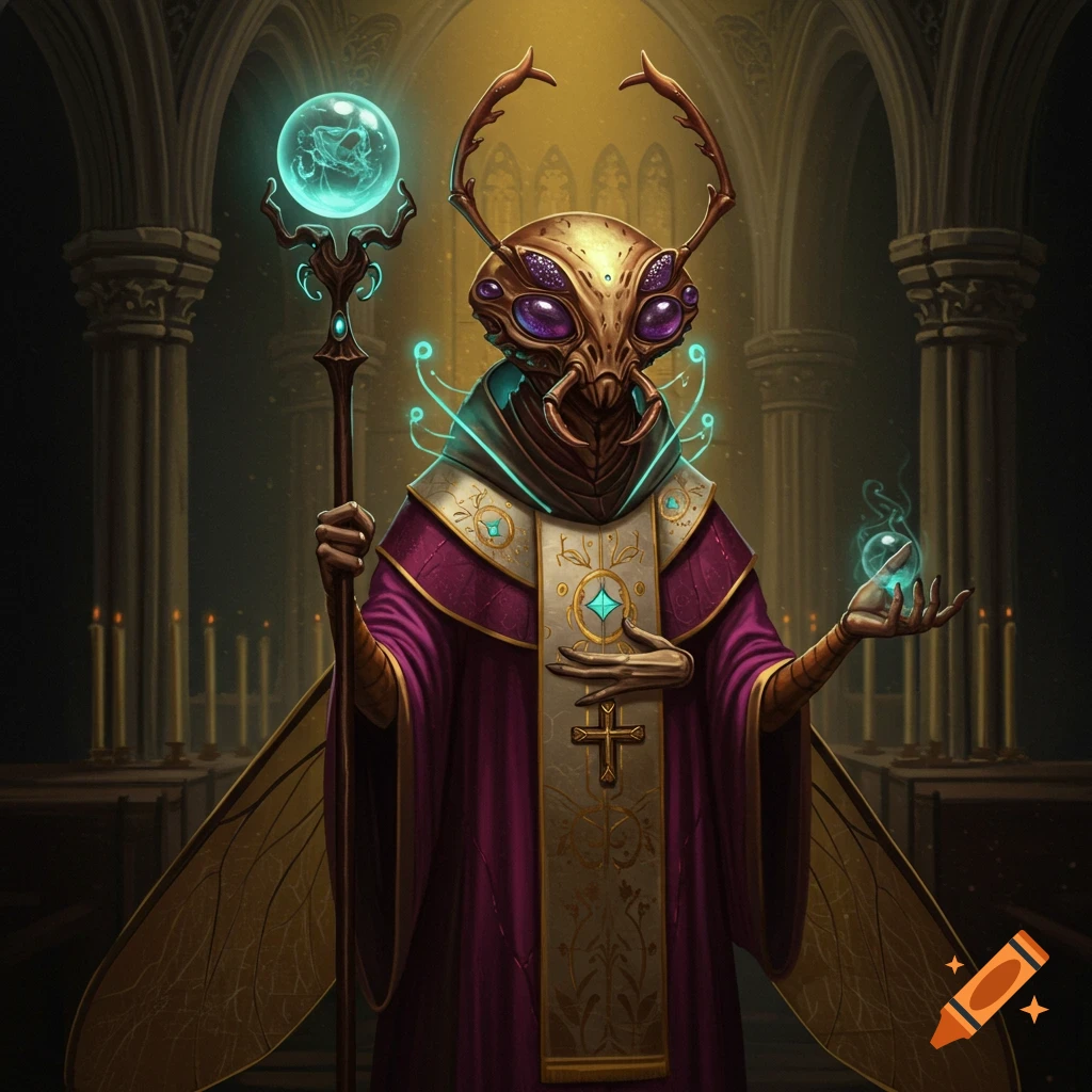 A bug-like alien priest in purple robes holding glowing orbs in a cathedral.