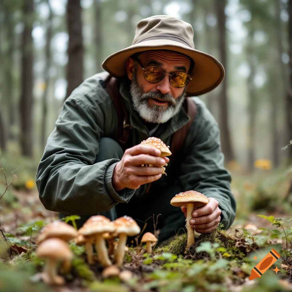 Photorealistic image of a man in a hat kneeling in a forest, examining mushrooms.