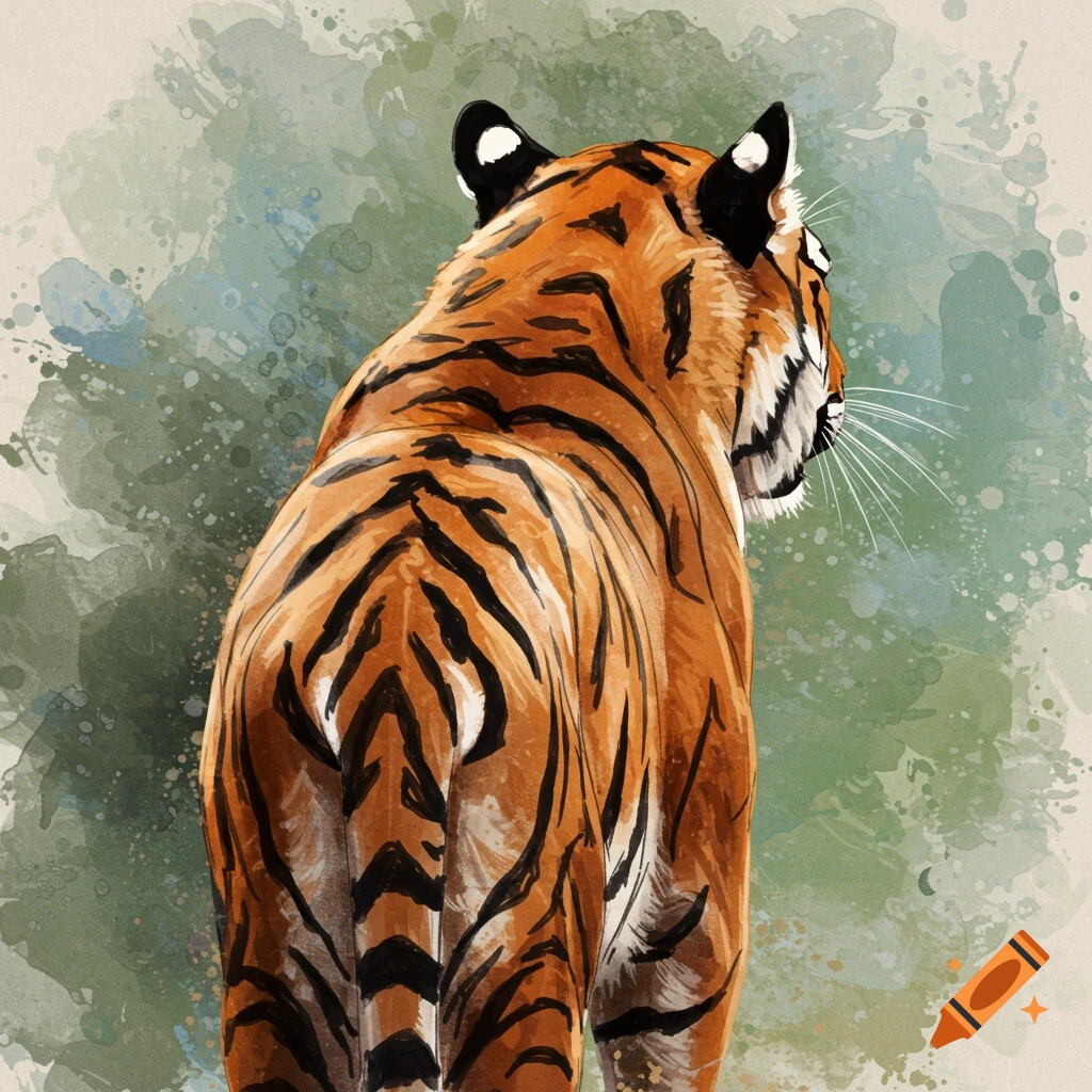Watercolor painting of a tiger from behind looking over its shoulder.