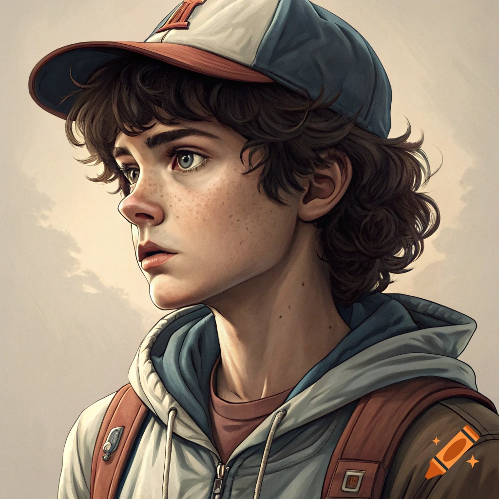 A stylized illustration of a young person with curly hair, wearing a baseball cap, hoodie, and backpack, looking left.