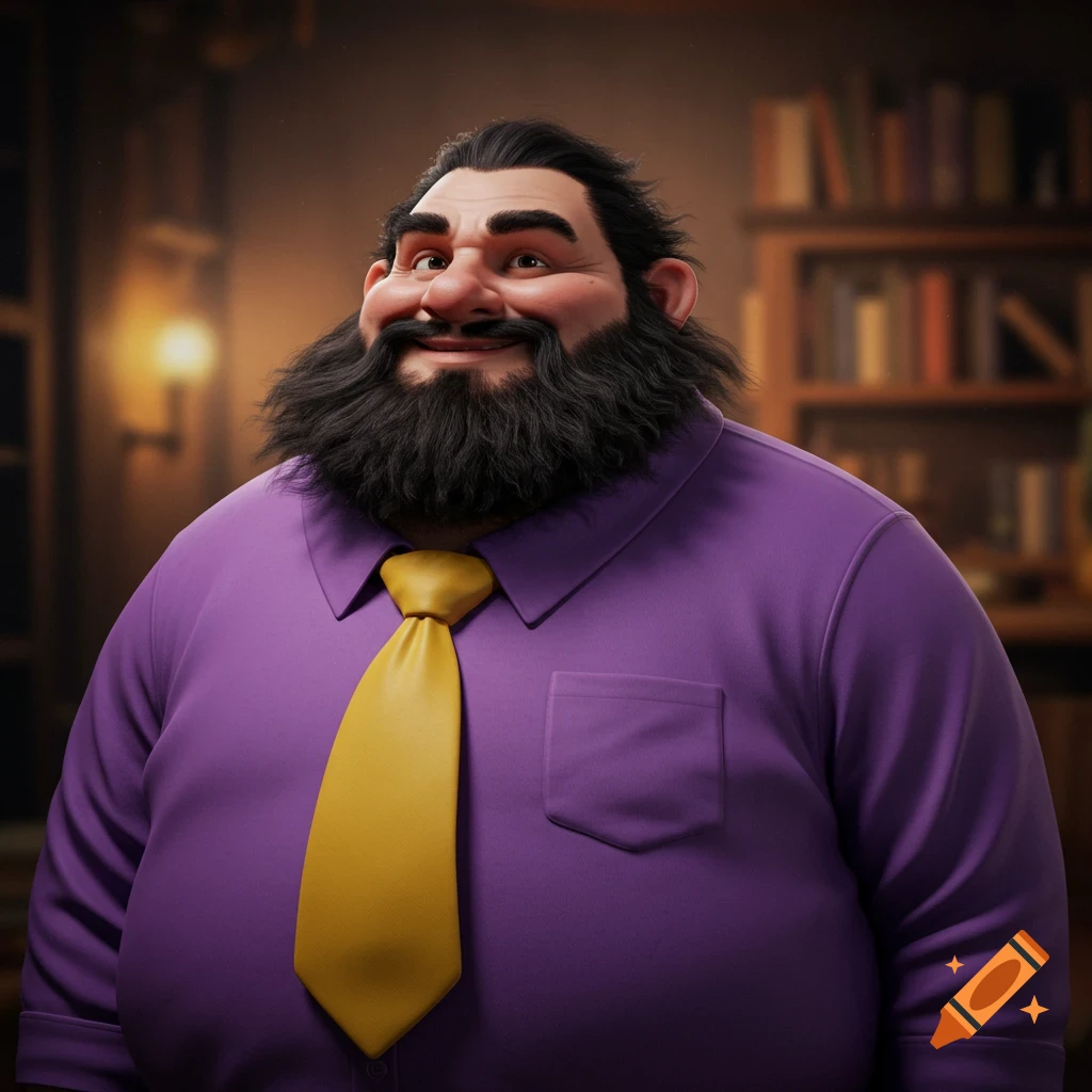Cartoon portrait of a bearded man in a purple shirt and yellow tie standing in a study with bookshelves.