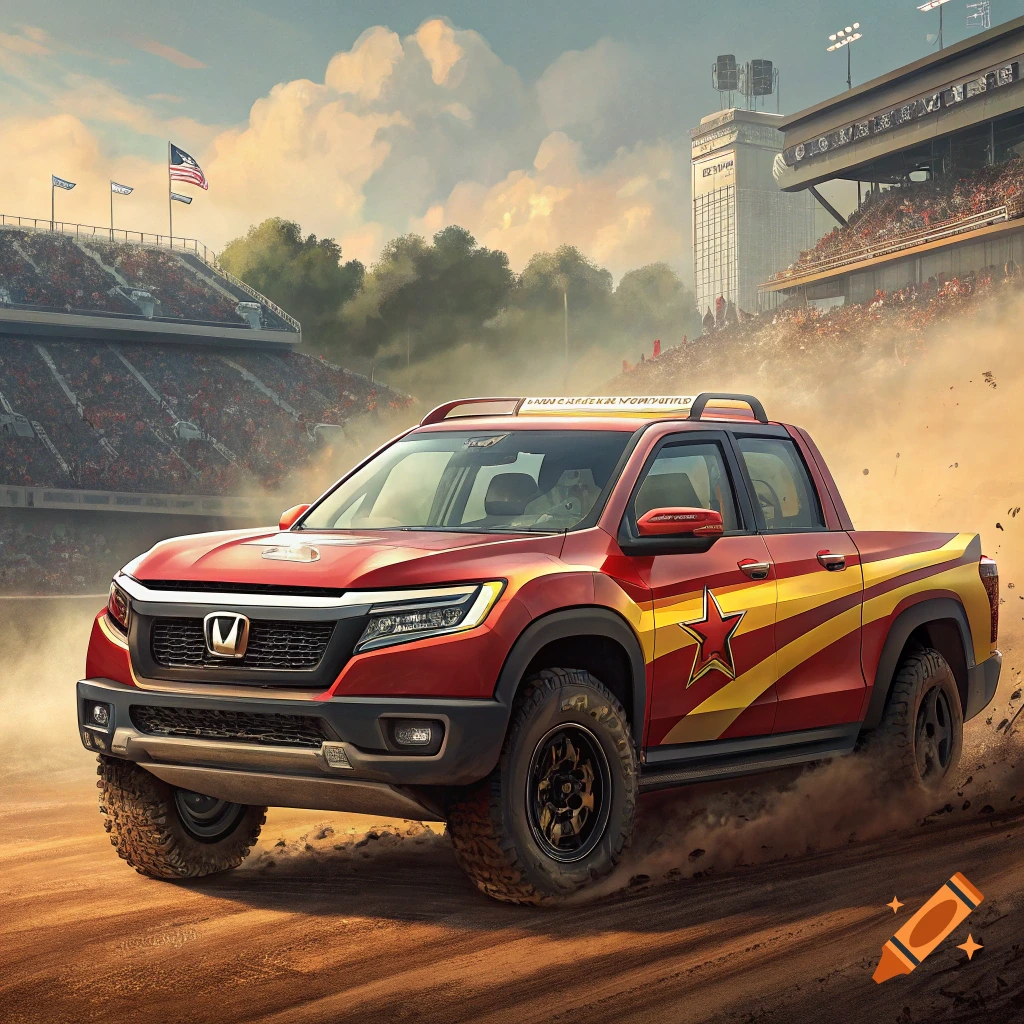 Red pickup truck with star and stripe decals driving in dirt near a stadium, photorealistic