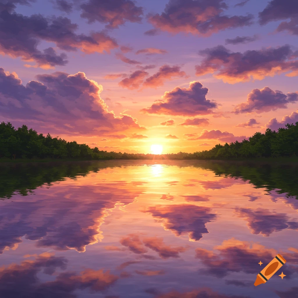 A colorful sunset reflects on a calm lake with trees on the horizon.