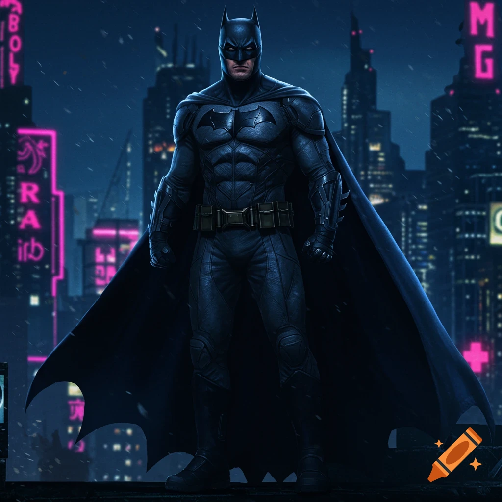 Batman standing on a rooftop in a rainy city.