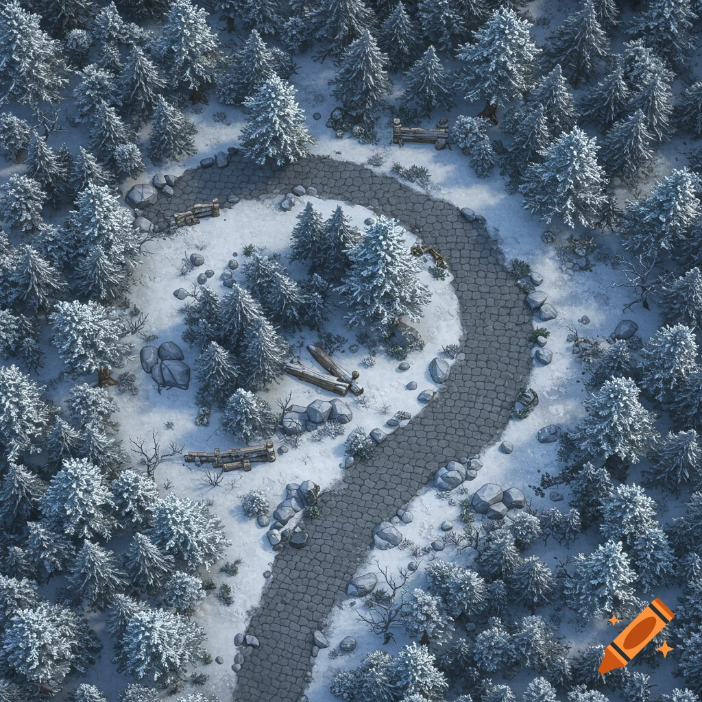 Top-down fantasy battle map of a snowy forest path shaped like a question mark, surrounded by trees and rocks.