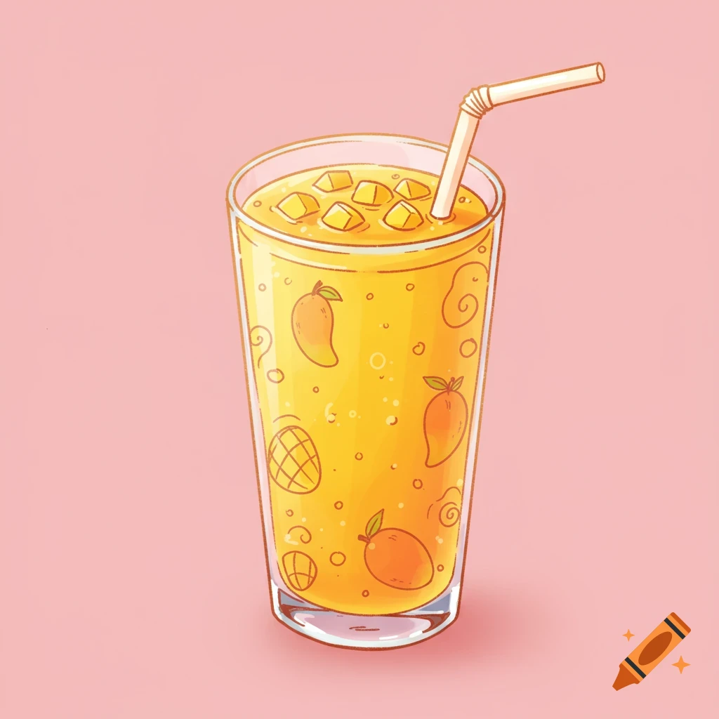 Drawing of a mango smoothie with fruit illustrations and a straw on a pink background