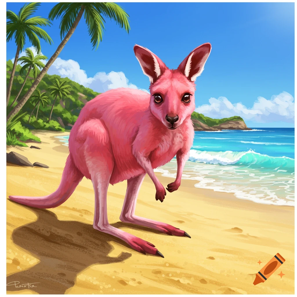 A pink kangaroo stands on a sandy beach near the ocean with palm trees in the background.