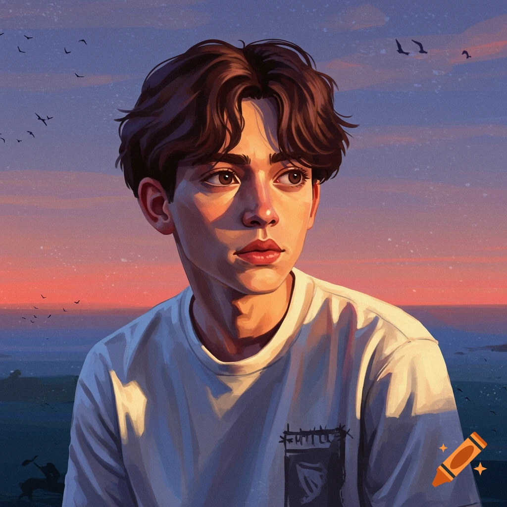 A young person is looking away at sunset.