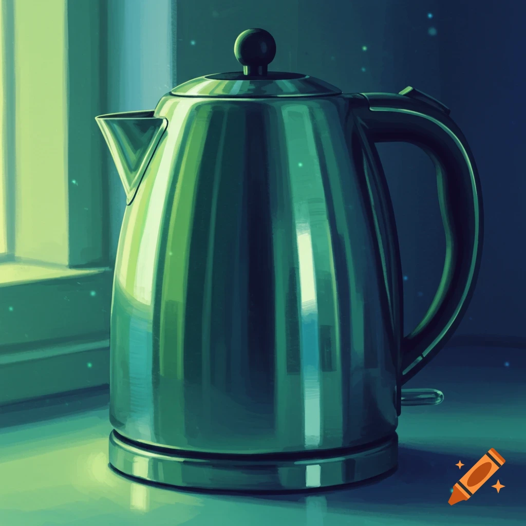 A silver electric kettle with reflections of green and blue light sits on a surface near a window.