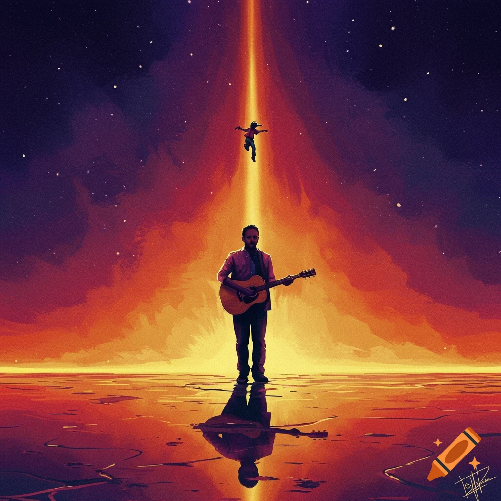 A musician playing guitar as a figure floats in a light beam above, under a starry sky.