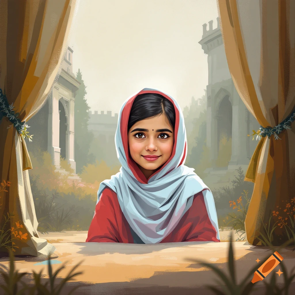 A young girl in a headscarf smiling, framed by curtains with buildings in the background.
