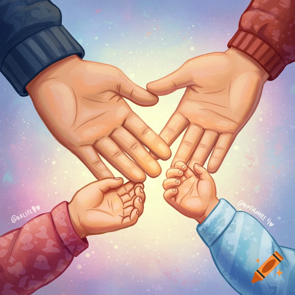 Family hands intertwined, cupping a baby's hand against a soft pastel background.