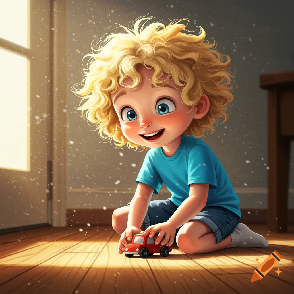 Illustrative portrait of a young boy with curly blonde hair playing with a red toy car on a sunny wooden floor.